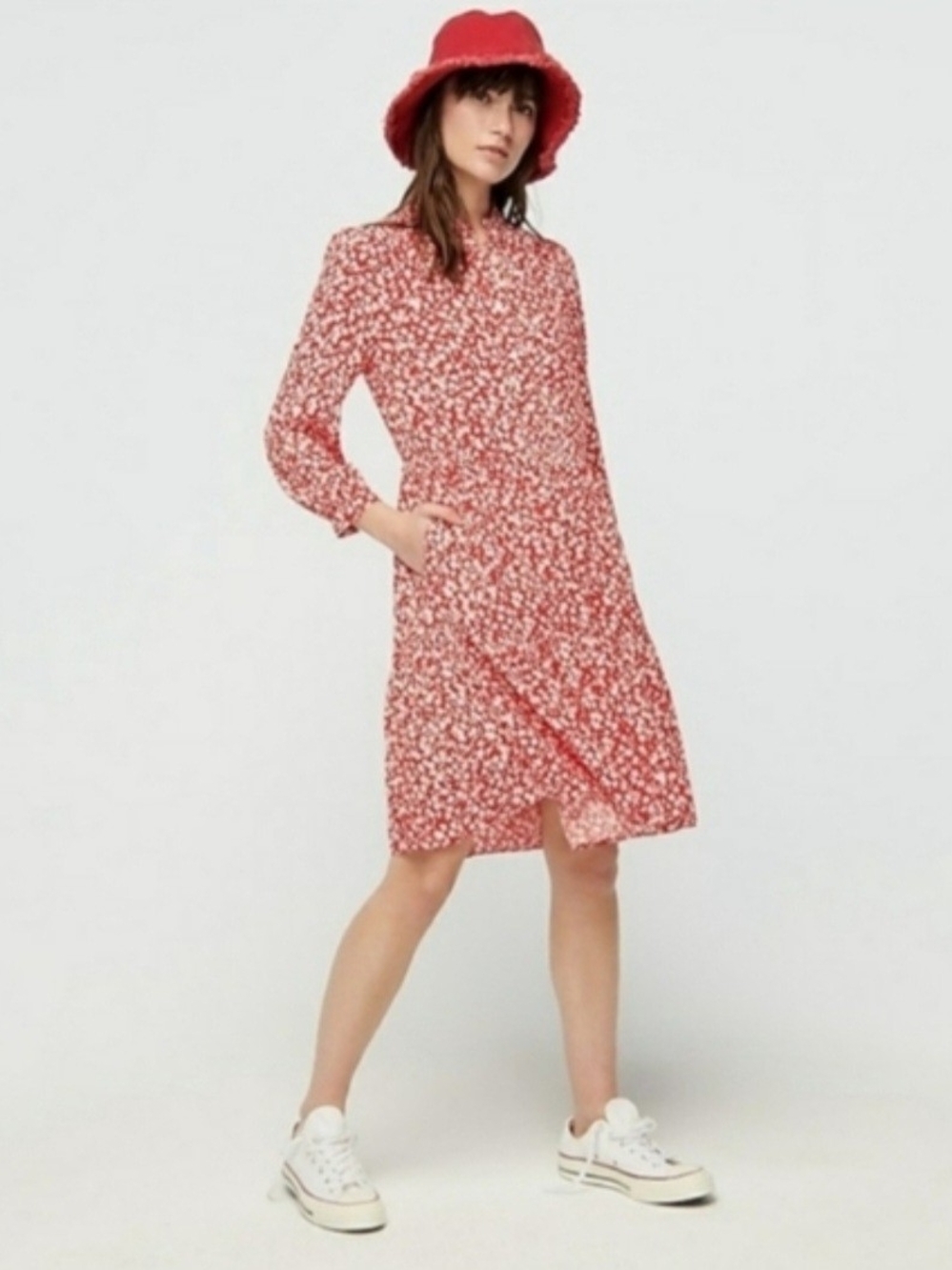 Red Floral Long-Sleeve Shift Dress